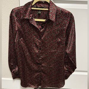 JASPER Floral Button Up Blouse Red Green Print Long Sleeve Size S